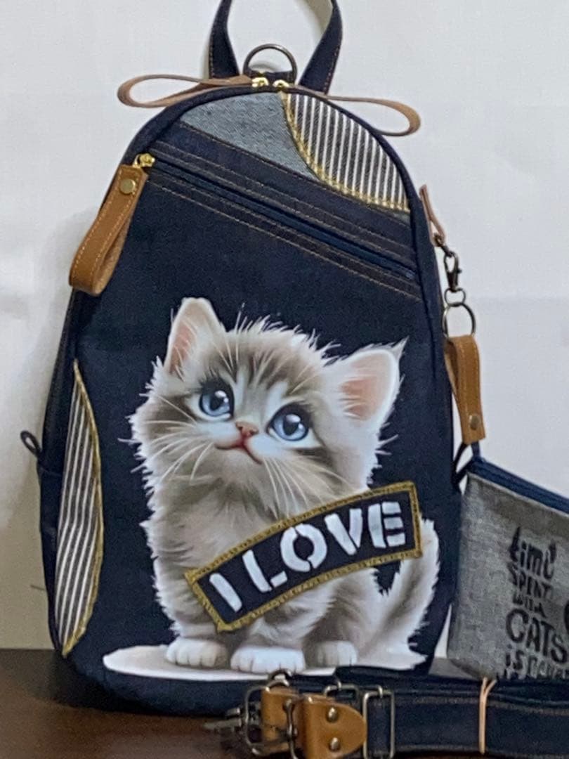 男女兼用☆岡山デニム☆子猫☆トラネコ☆リュック対応☆ワンショルダーバッグ