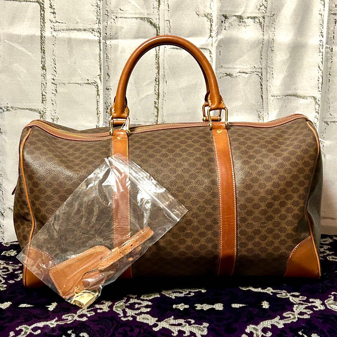 CELINE セリーヌ ボストンバッグ マカダム柄 茶系 ネームタグ 南京錠