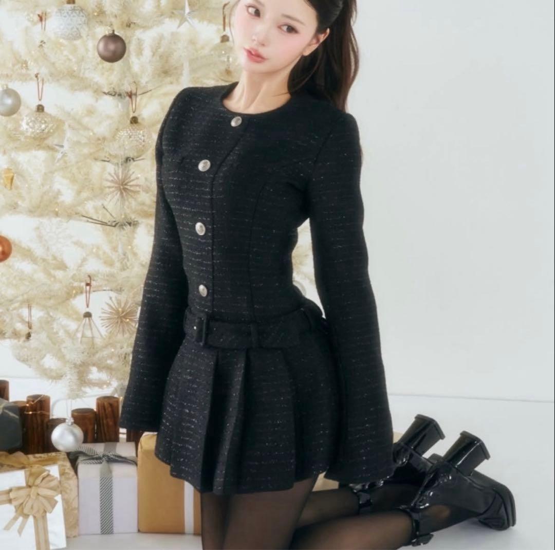 新品タグ付 ダーリッチ ボックスプリーツツイードミニワンピース ブラック