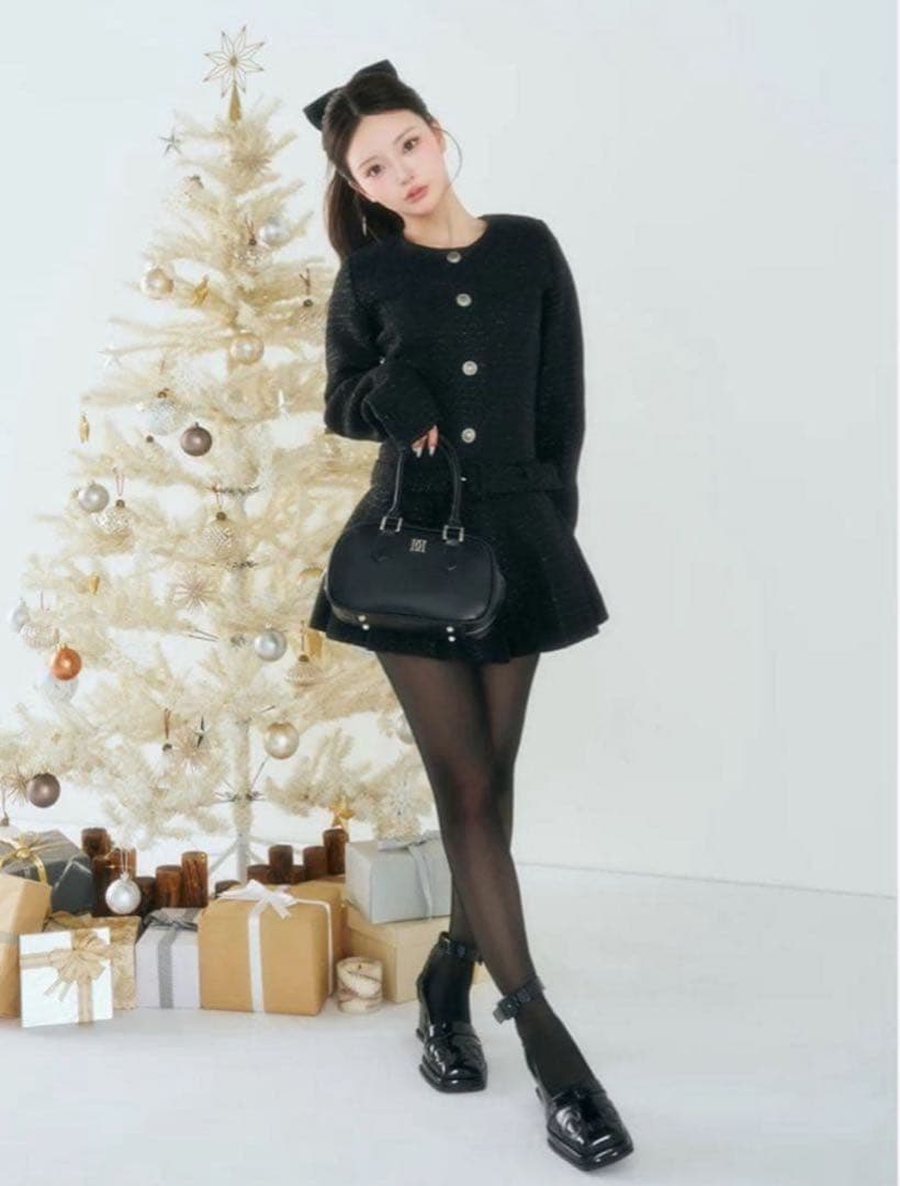 新品タグ付 ダーリッチ ボックスプリーツツイードミニワンピース ブラック