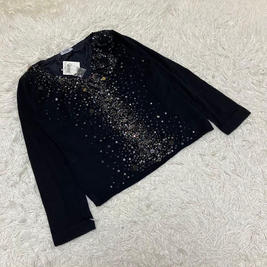 【タグ付】MOSCHINO ビジューカーディガン　ニット　スパンコール　黒　L