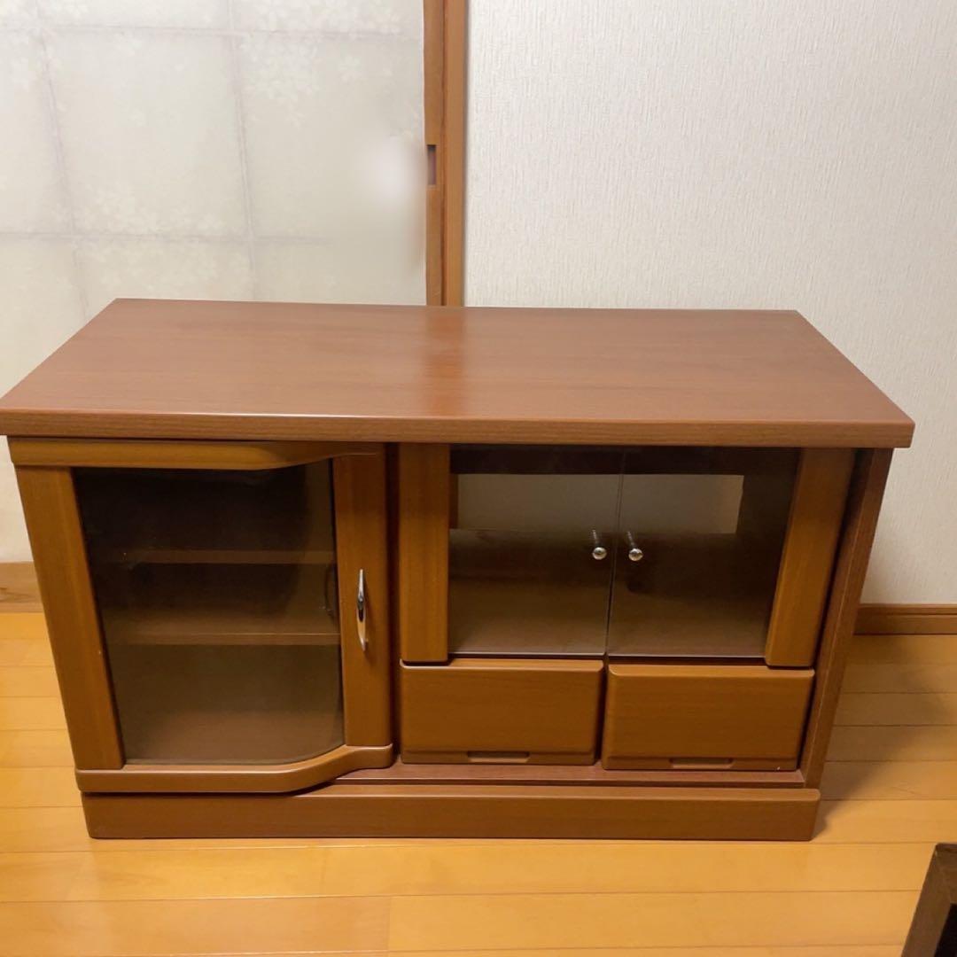 木製テレビ台 ブラウン ガラス扉 引き出し付き