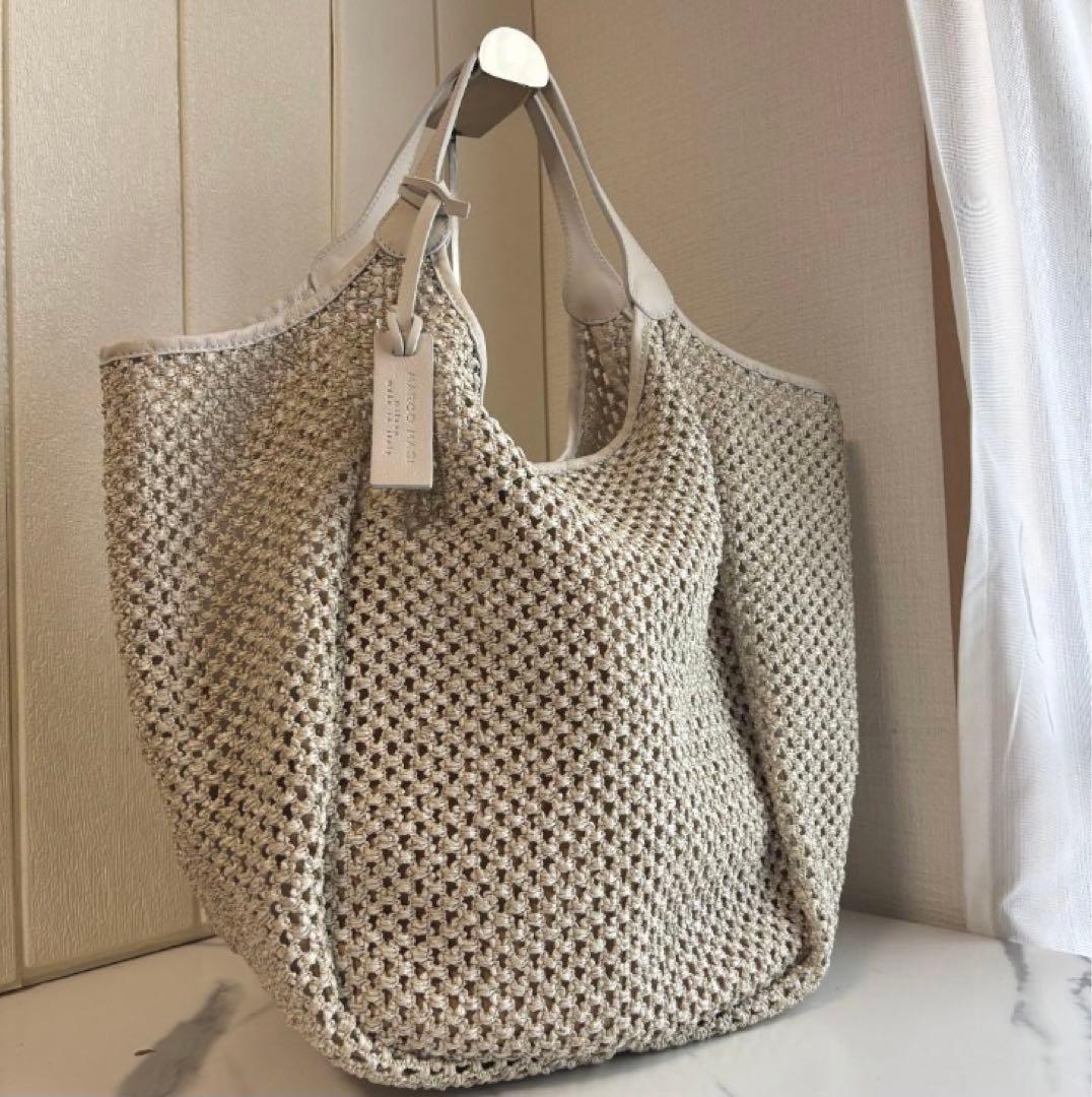 【美品】MARCO MASI　カゴトート　ラフィア×レザー　ホワイト　メッシュ