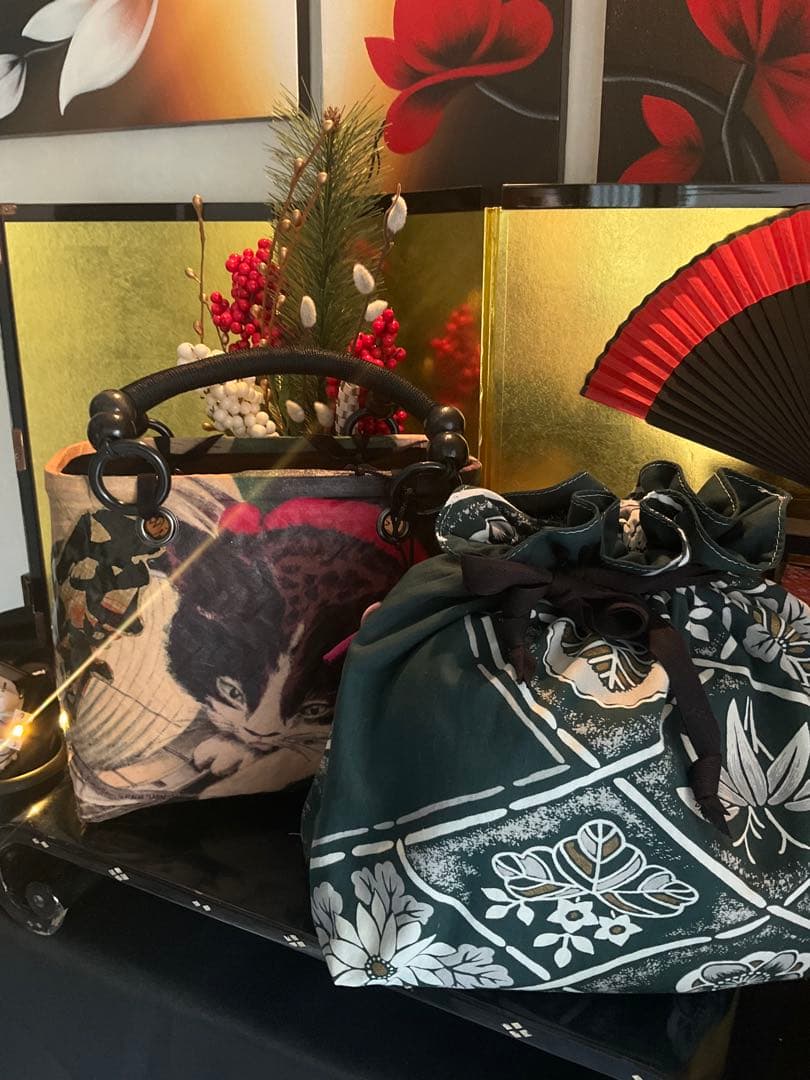 一閑張り　一閑張りバッグ　古文書　和紙　大正　着物　竹籠　小林清親　猫と提灯