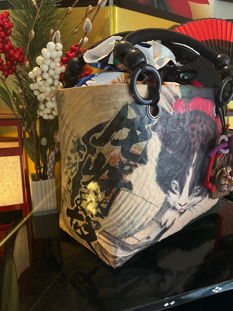 一閑張り　一閑張りバッグ　古文書　和紙　大正　着物　竹籠　小林清親　猫と提灯