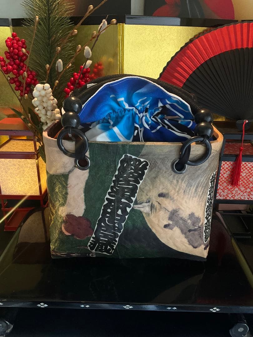 一閑張り　一閑張りバッグ　古文書　和紙　大正　着物　竹籠　小林清親　猫と提灯