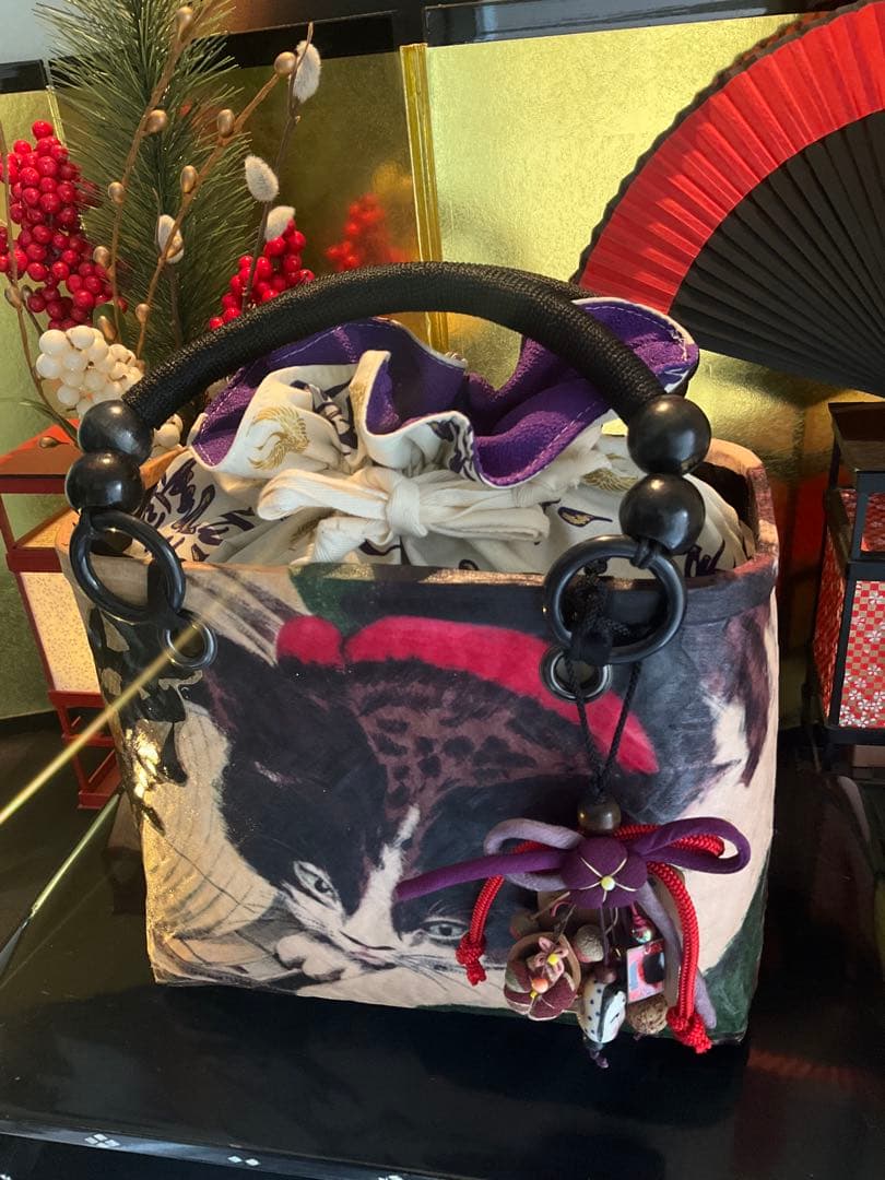 一閑張り　一閑張りバッグ　古文書　和紙　大正　着物　竹籠　小林清親　猫と提灯