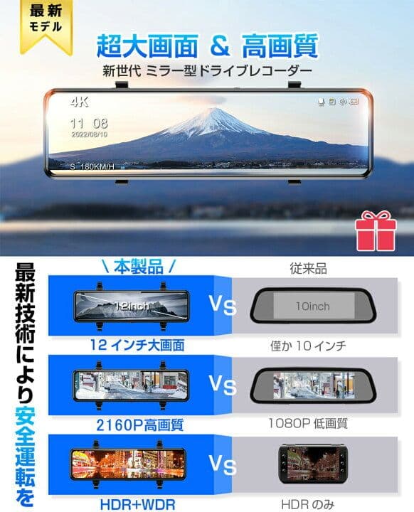 新品　ドライブレコーダー ミラー型 4K画質王 GPS追跡 前後 2カメラ 4K