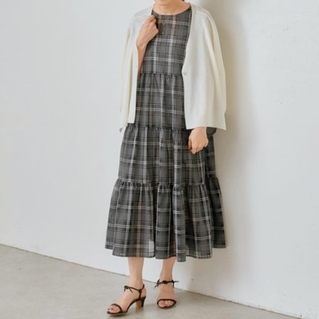 ✨定価3万円✨新品　ビアズリー　シアーチェックティアードワンピース　ロング　F