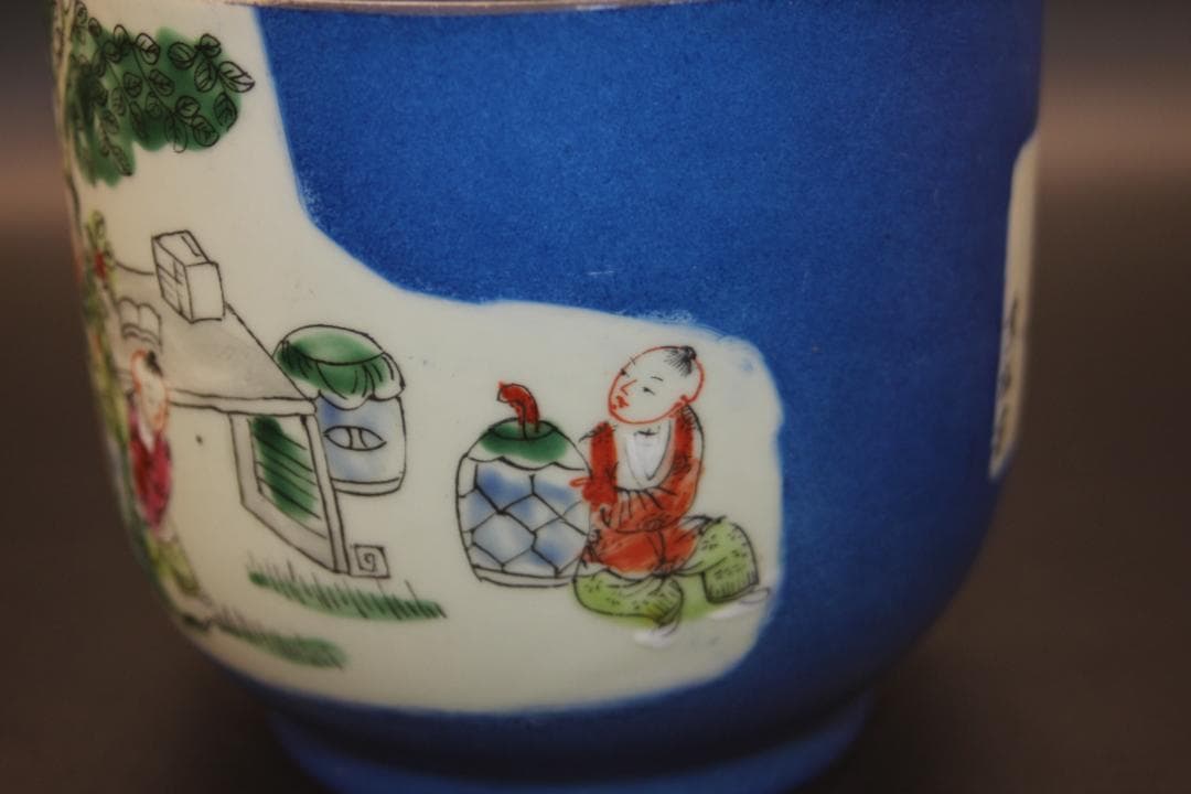 cckoy57835　中国美術品　大清同治年製　蓝釉人物粉彩茶壺　茶缶？