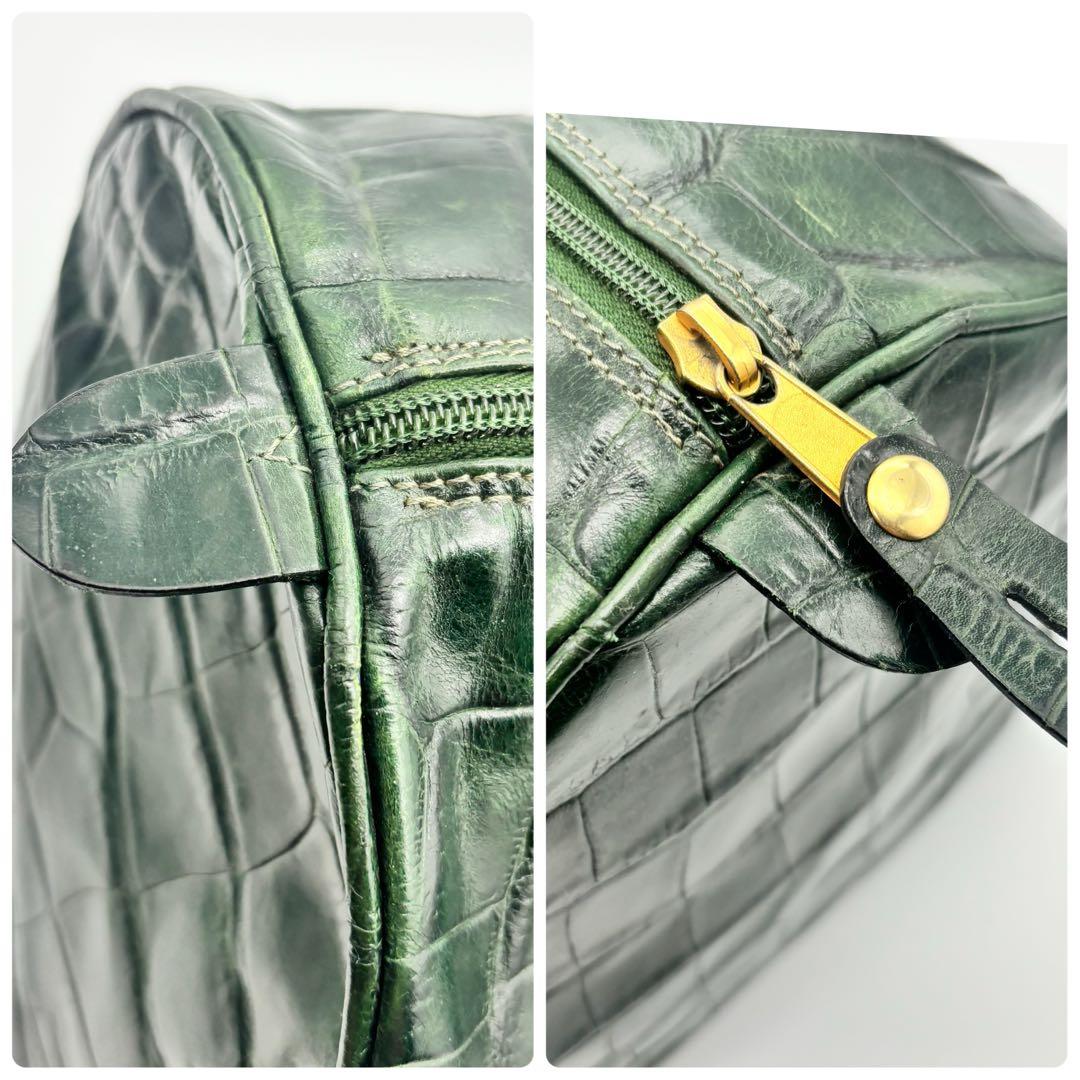 【超希少】バリー ボストンバッグ クロコ型押し ゴールド金具 グリーン レザー