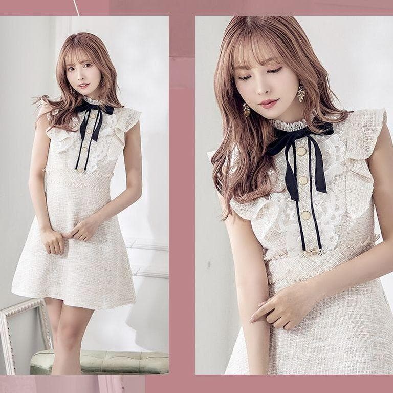 【上品ドレス☆】ローブドフルール 首元リボン×ツイードフレアドレス　◎