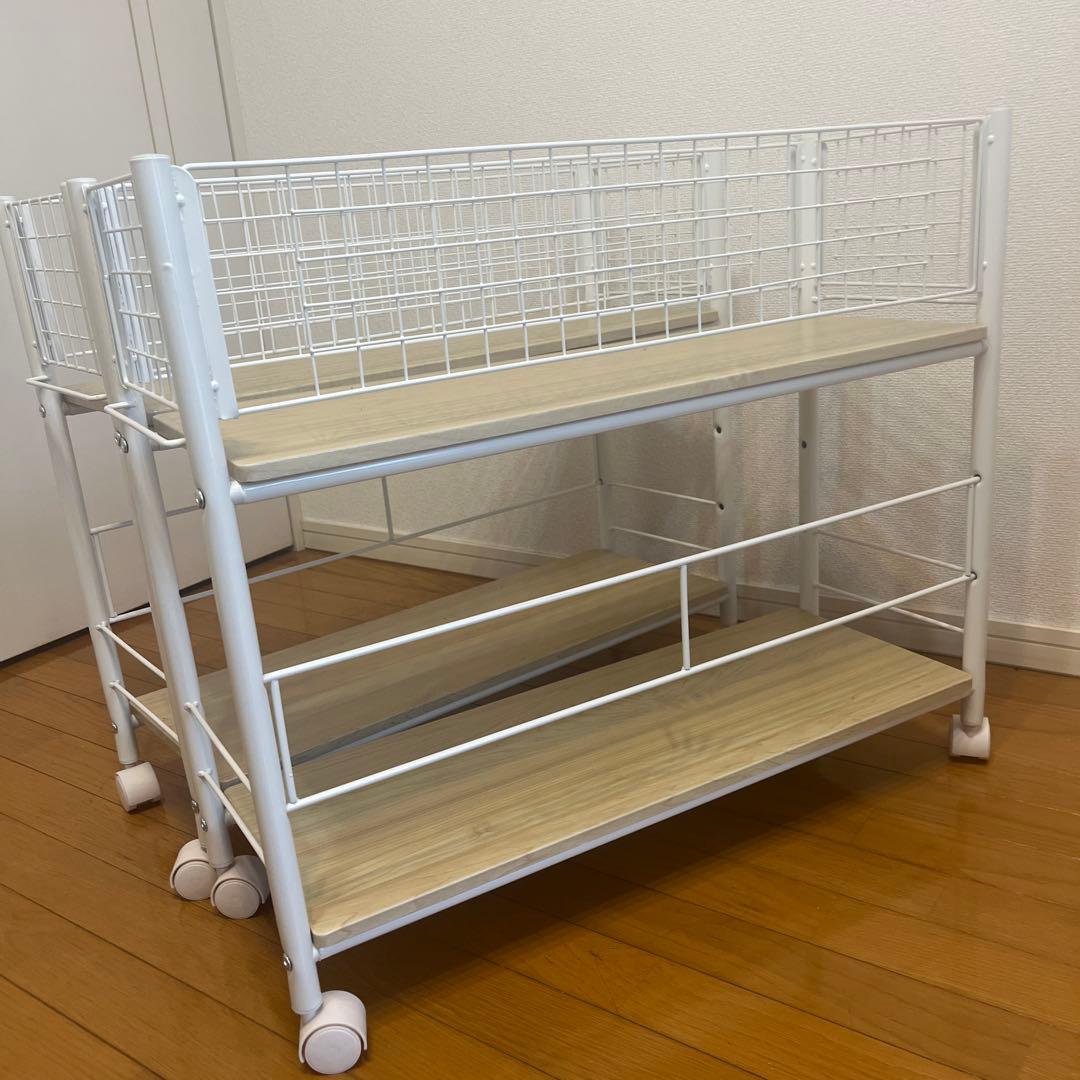 YAMAZEN ホワイト ストレージラック 2段 キャスター付き　天板木製