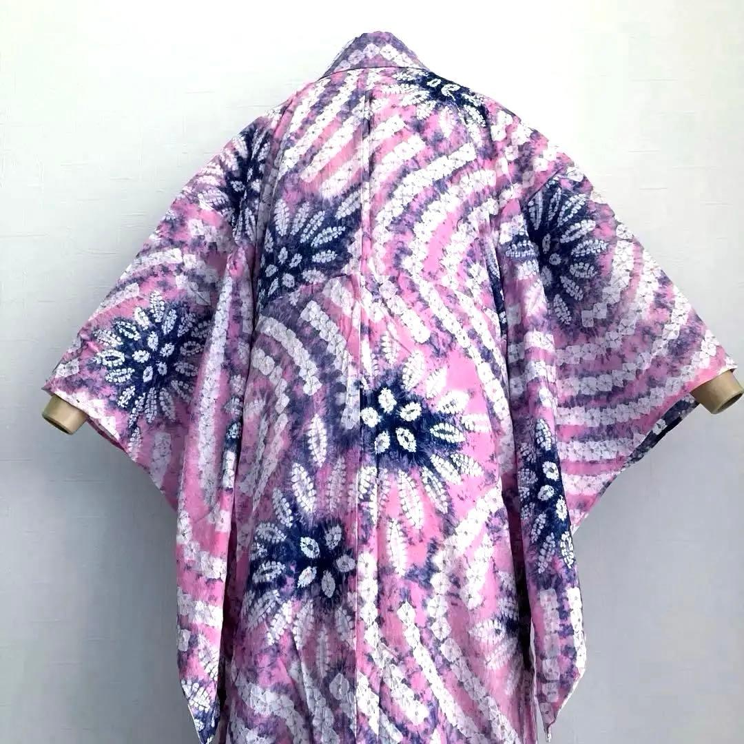 有松絞り浴衣　絞り浴衣　蜘蛛絞り　淡いピンク花模様　手縫　絞り浴衣　No.2-4