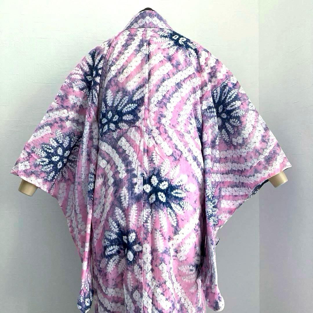 有松絞り浴衣　絞り浴衣　蜘蛛絞り　淡いピンク花模様　手縫　絞り浴衣　No.2-4