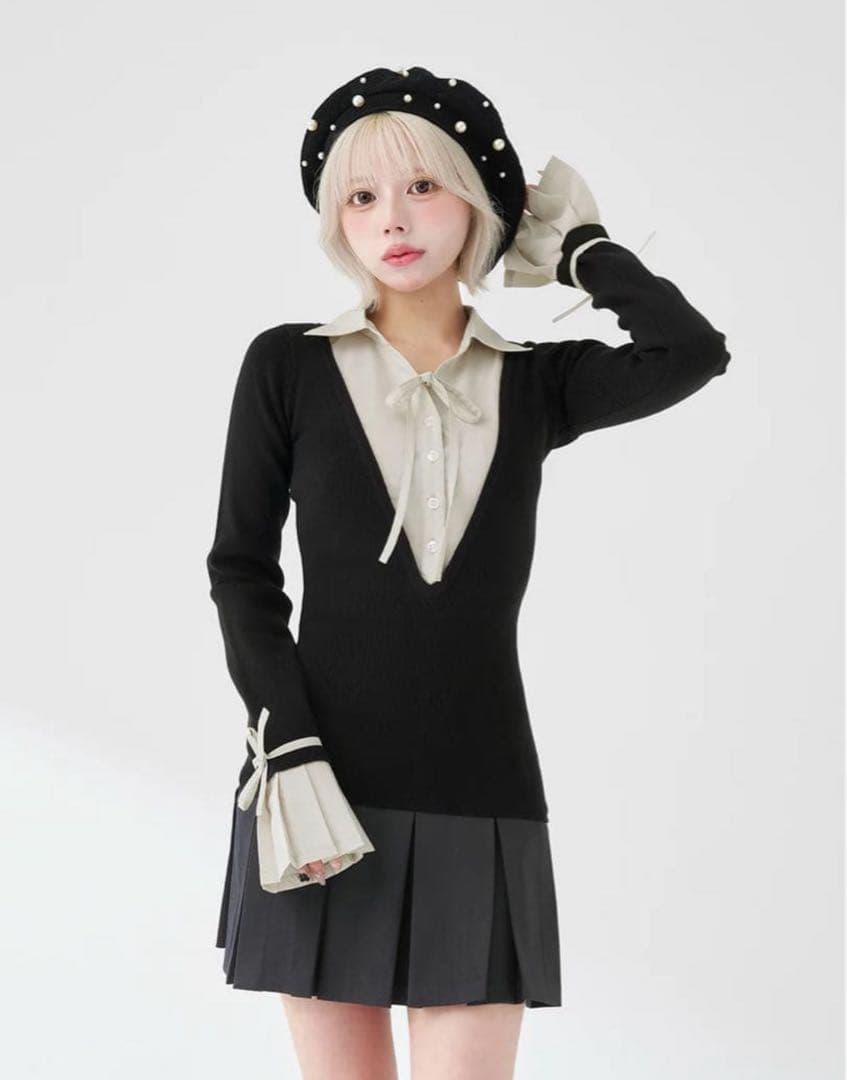 Darich シャツドッキングプリーツミニワンピース ブラック