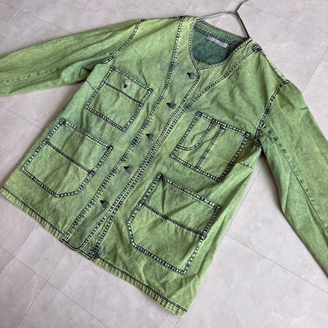 J.branche ノーカラーデニムジャケット 緑 38 綿100 多ポケット