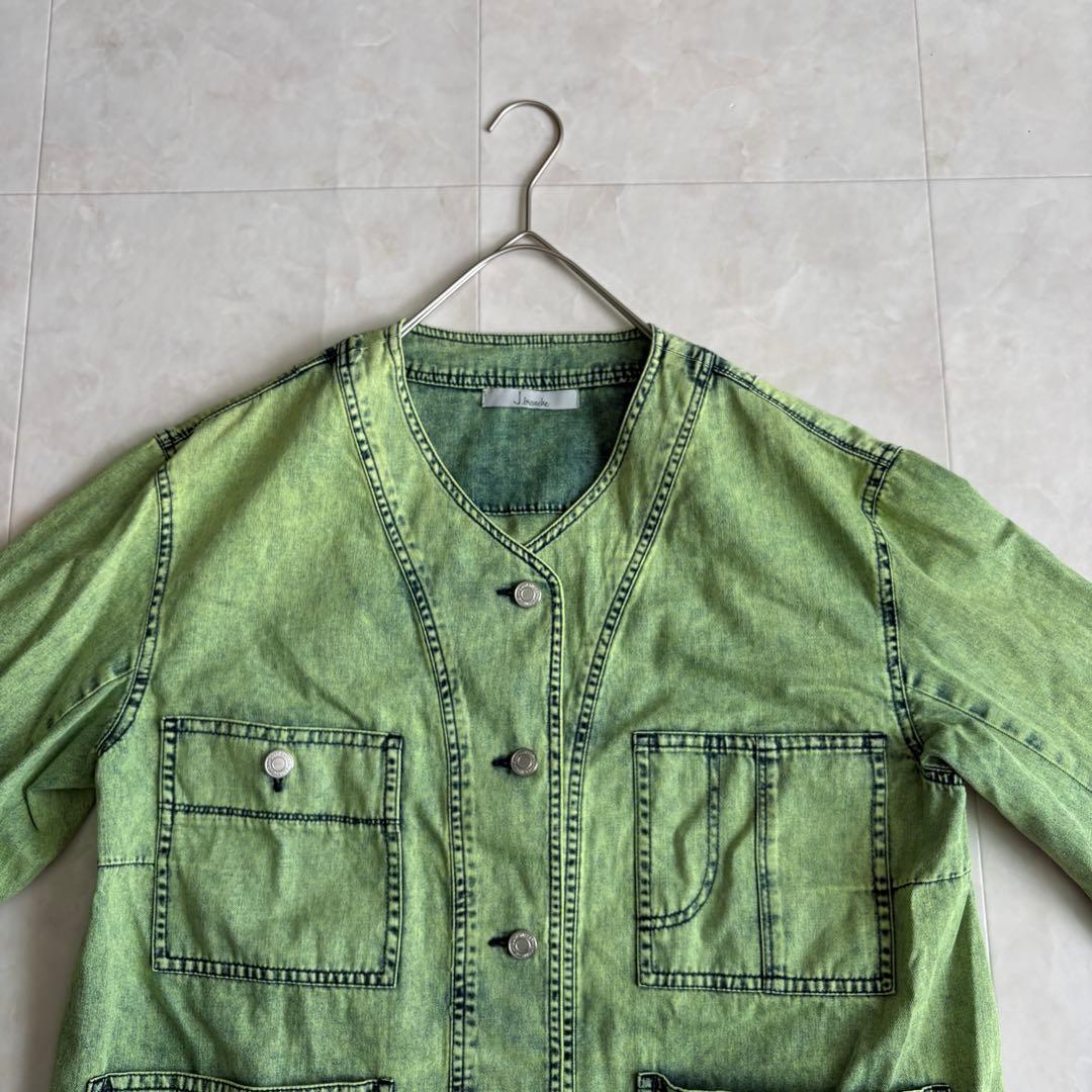 J.branche ノーカラーデニムジャケット 緑 38 綿100 多ポケット