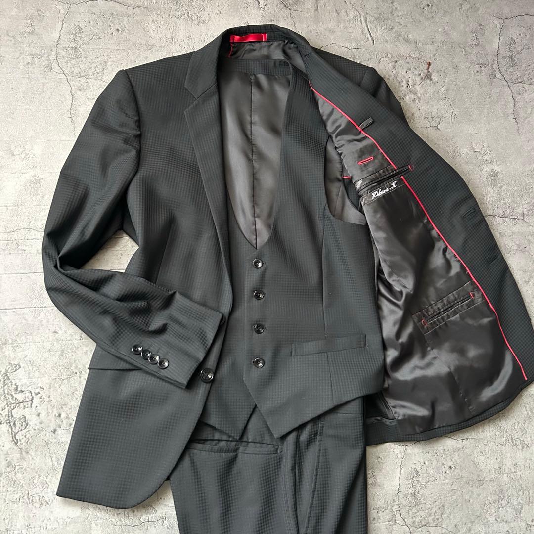 未使用級 リスペクトネロ 最高級ライン シャドウチェック 3ピース スーツ 濃紺