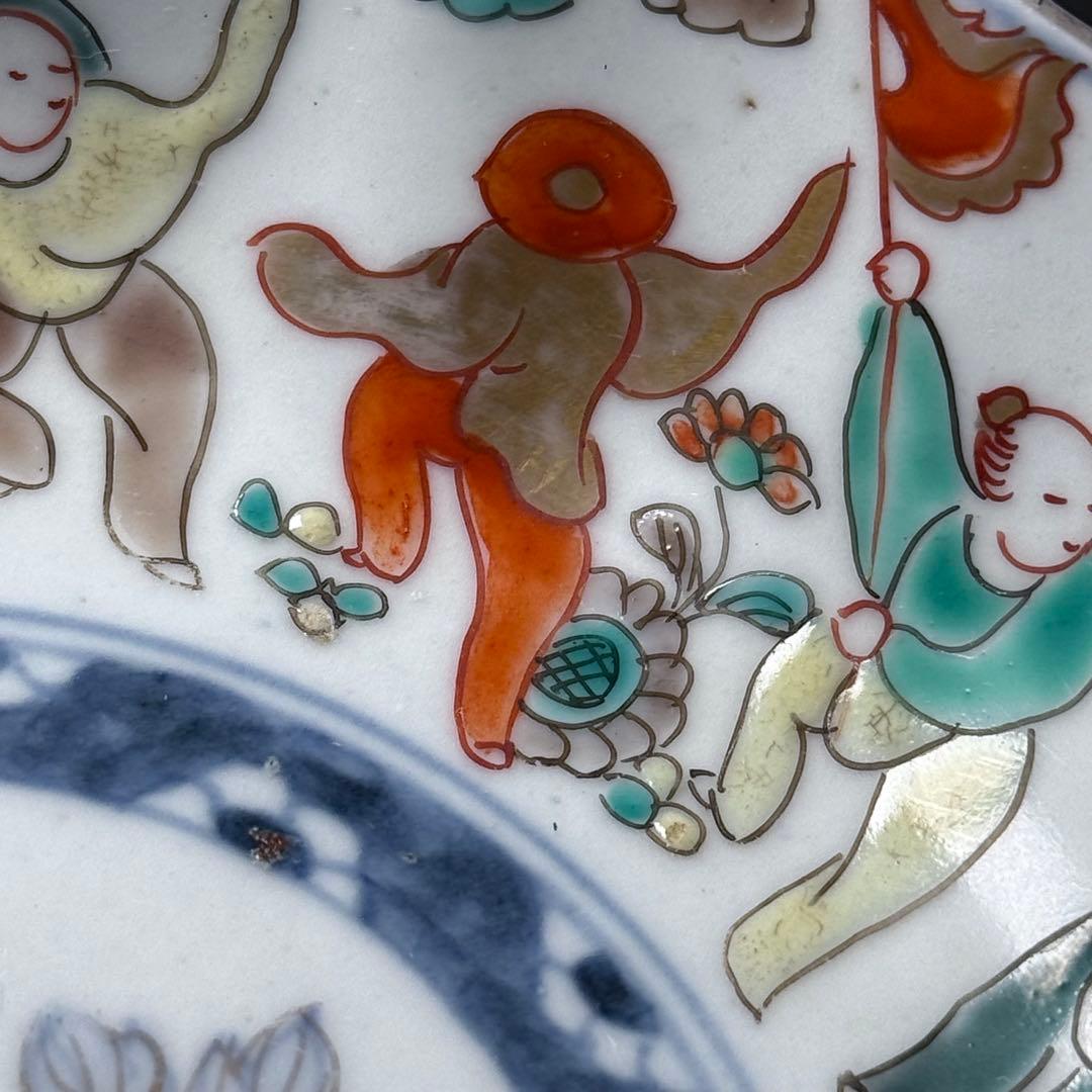 古伊万里　色絵輪花形なます皿　5客　珍しい絵付け　蛇目高台