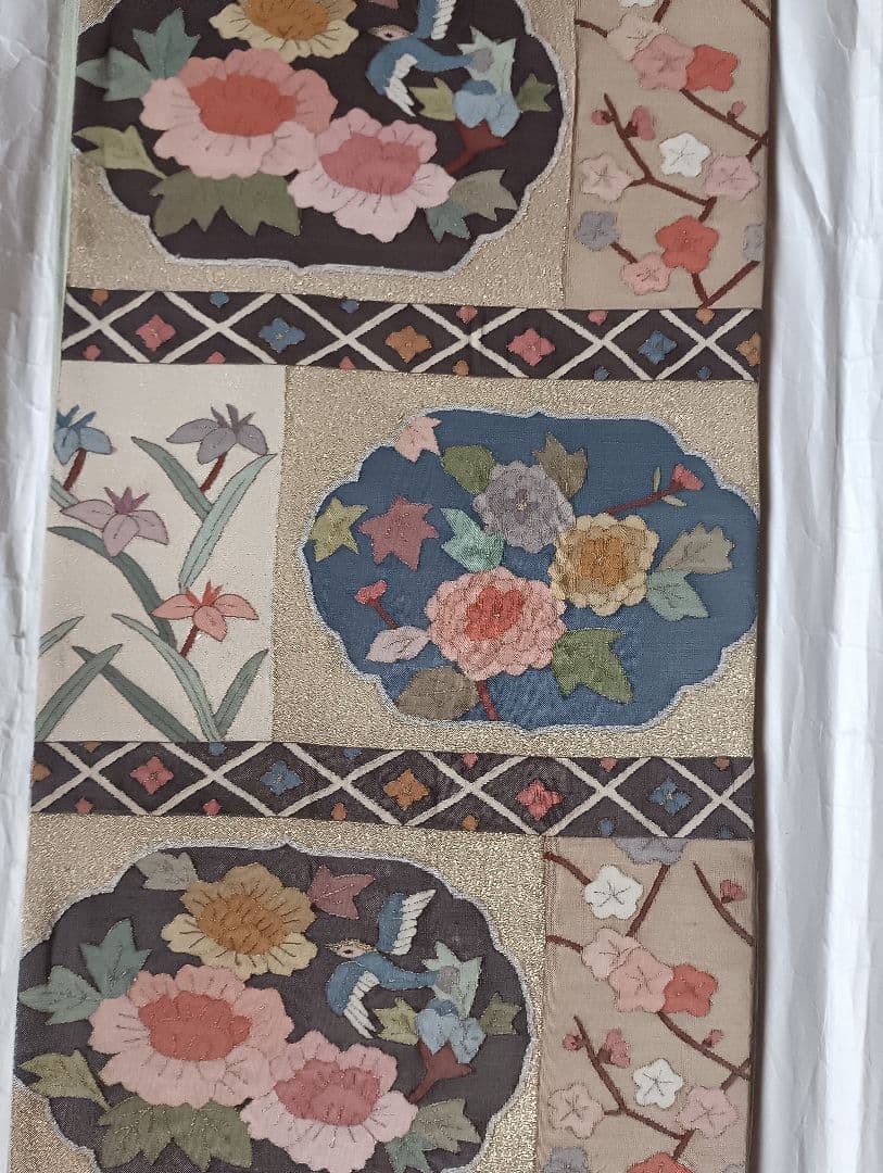 花柄と鳥の刺繍 袋帯