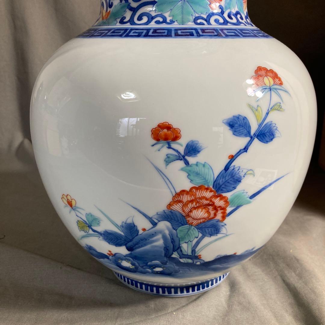 【期間特別値下げ】日本工芸　重要無形文化財　肥蝶山　樋渡陶六作　唐草牡丹画大花瓶