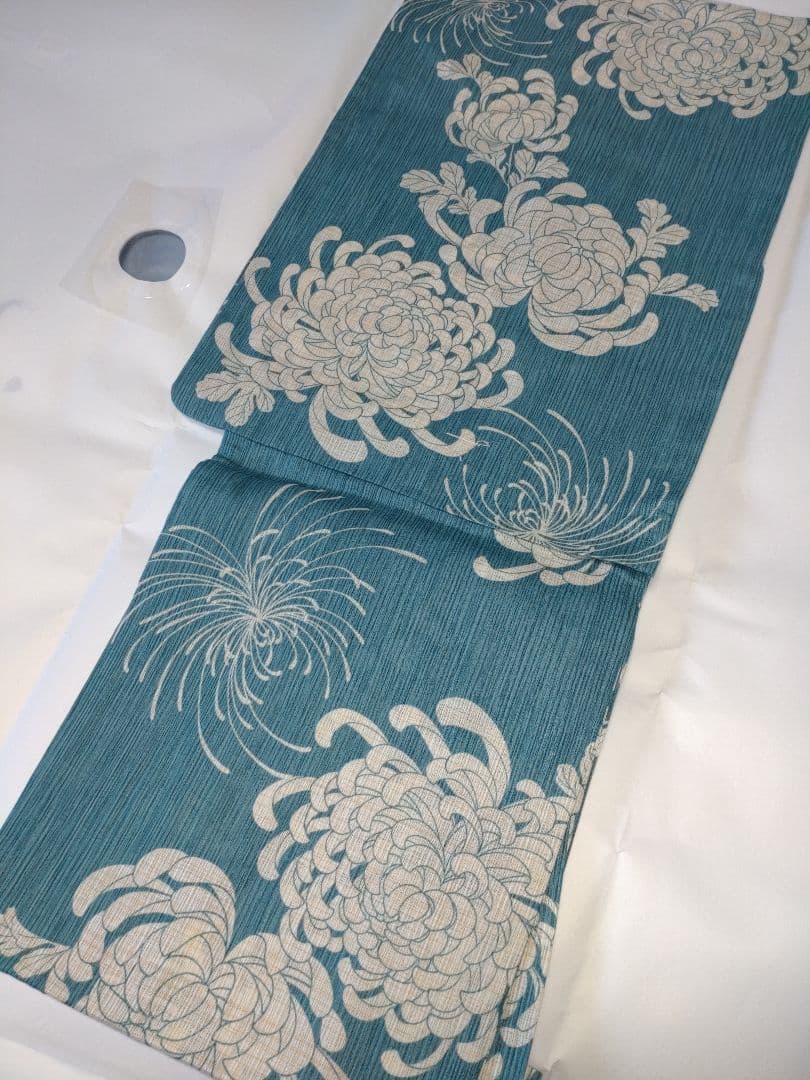 ✿新品未使用　綿麻浴衣　ターコイズブルー　大人浴衣　碧色　菊　ふくれ織半幅帯