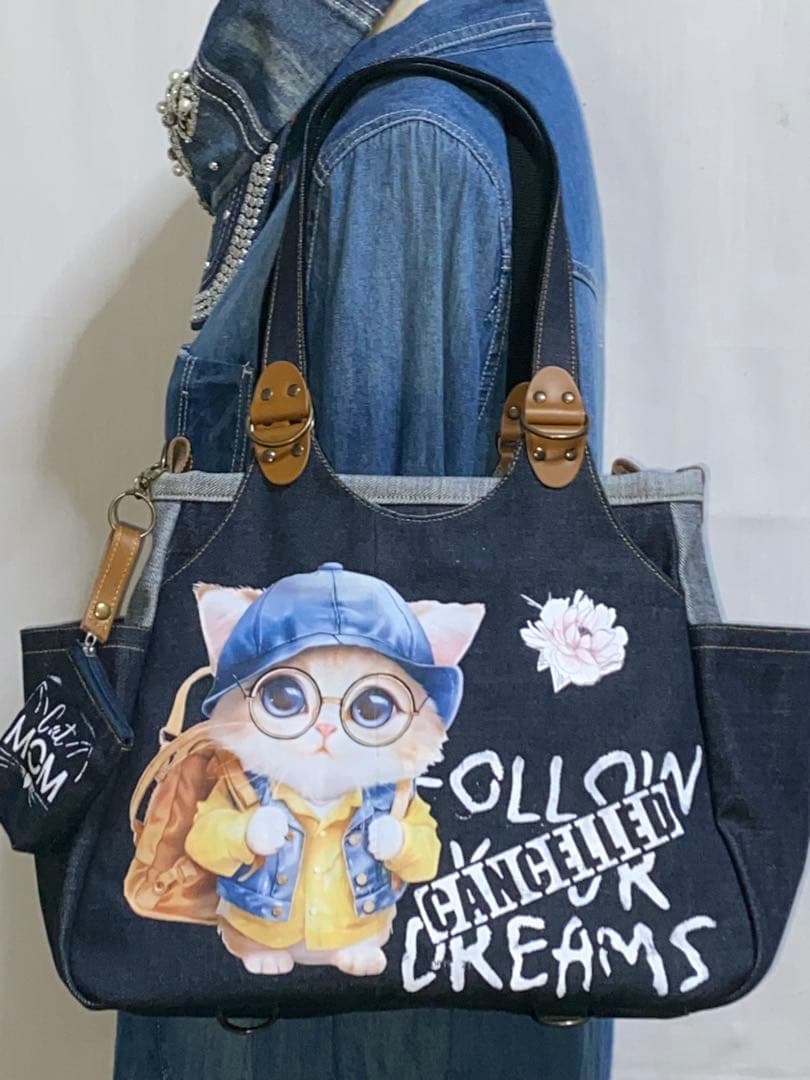 ☆岡山デニム☆メガネ子ネコ☆リュック対応☆4wayあおりバッグ