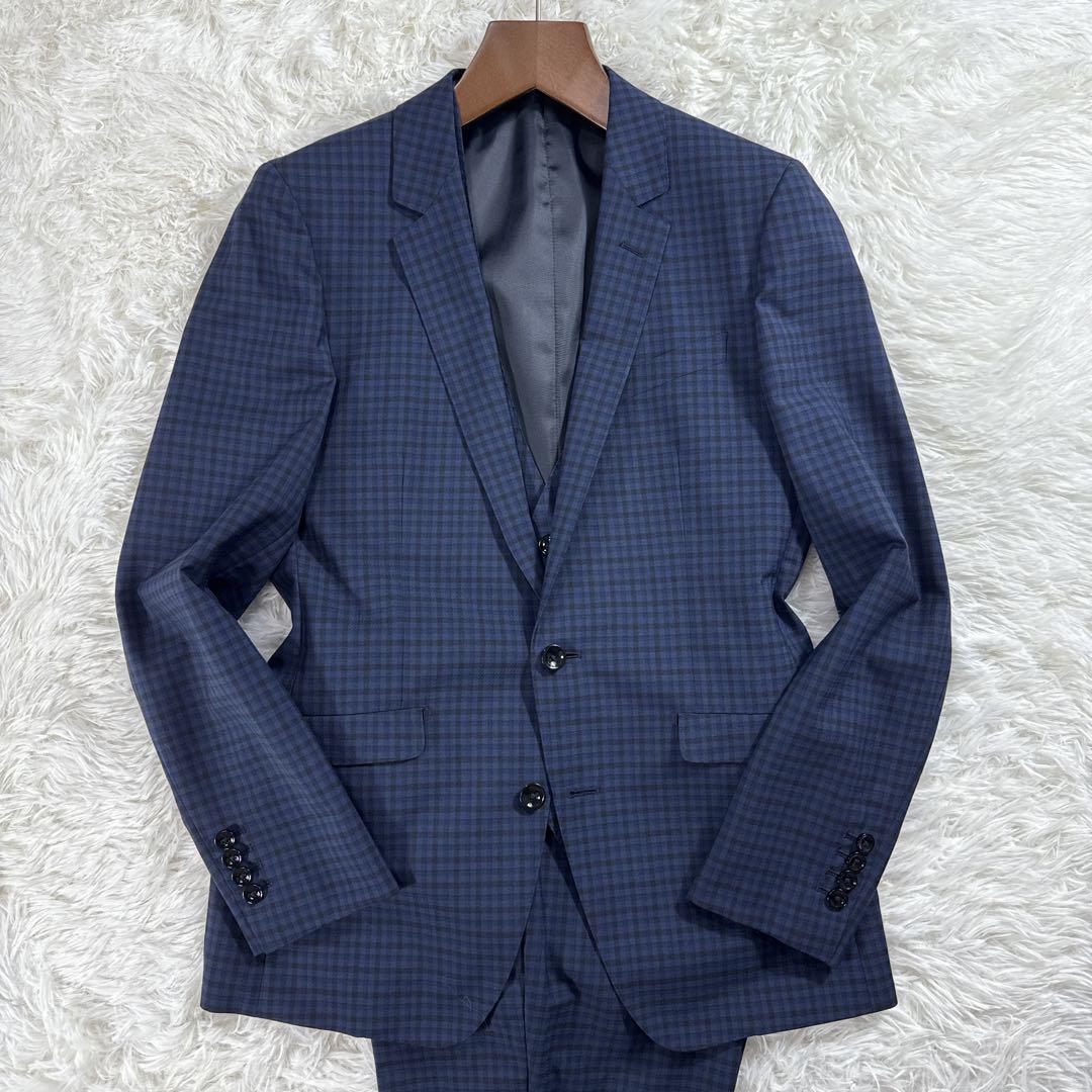 【美品】スーツセレクト スリーピース スーツ ギンガムチェック ネイビー A6