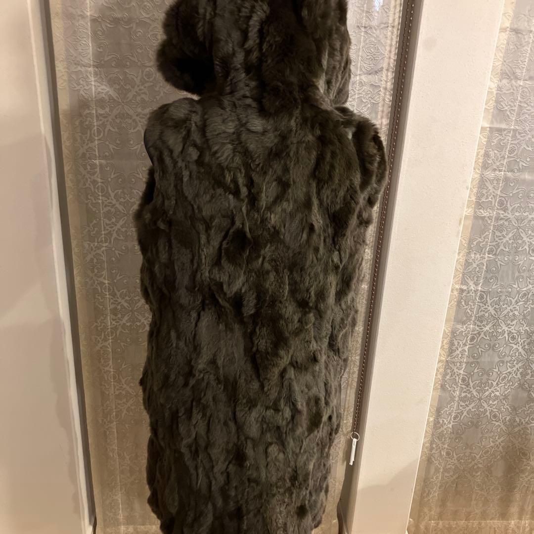 S*様 美品 レッキスラビット ロングベスト フード付 ダークブラウン 艶感 ポ