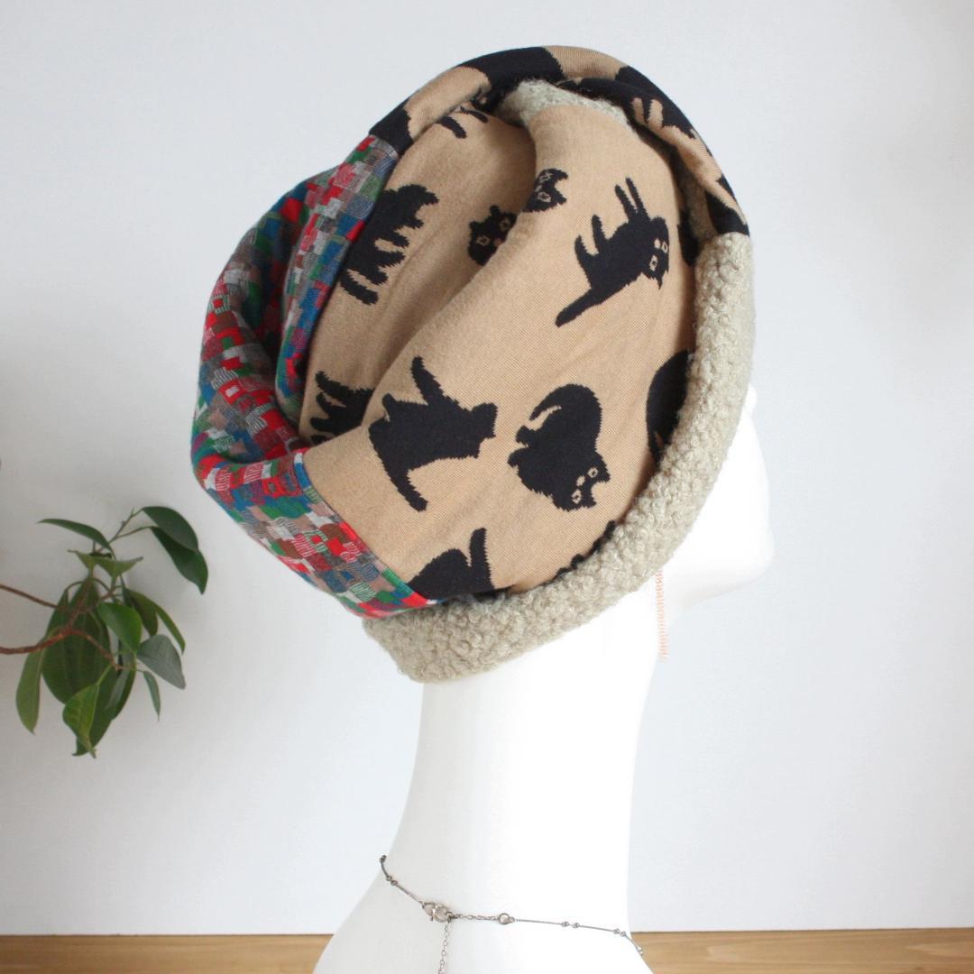 TOHIKO　ものすごい幅広ターバン ネコ＆ブロックチェック＆ループボア