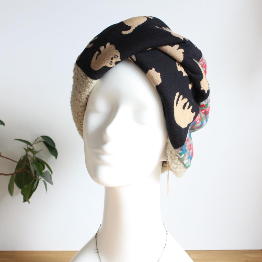 TOHIKO　ものすごい幅広ターバン ネコ＆ブロックチェック＆ループボア