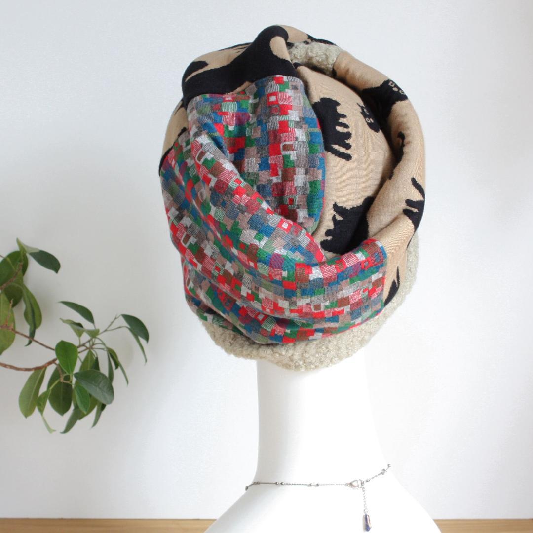 TOHIKO　ものすごい幅広ターバン ネコ＆ブロックチェック＆ループボア