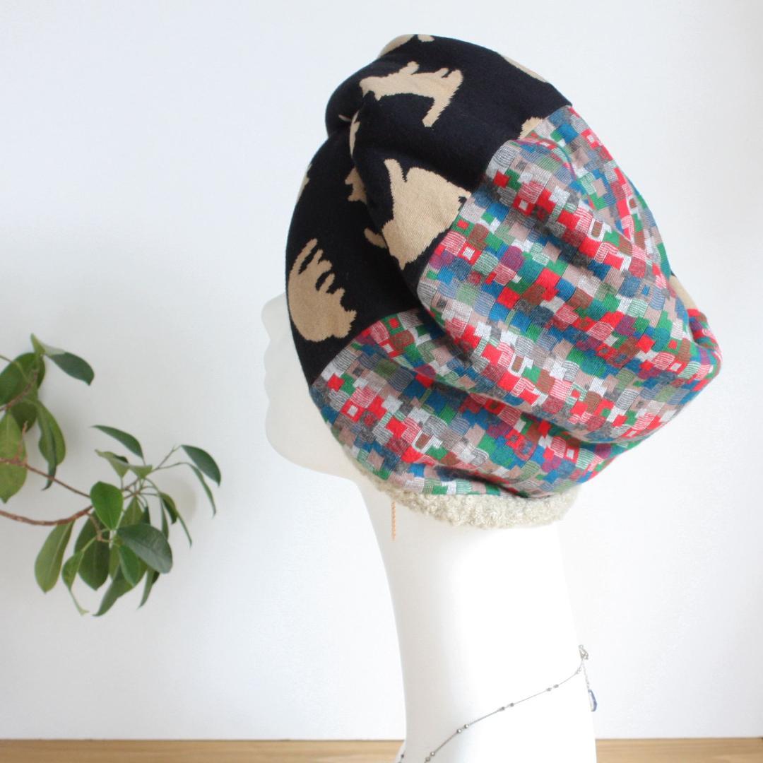 TOHIKO　ものすごい幅広ターバン ネコ＆ブロックチェック＆ループボア