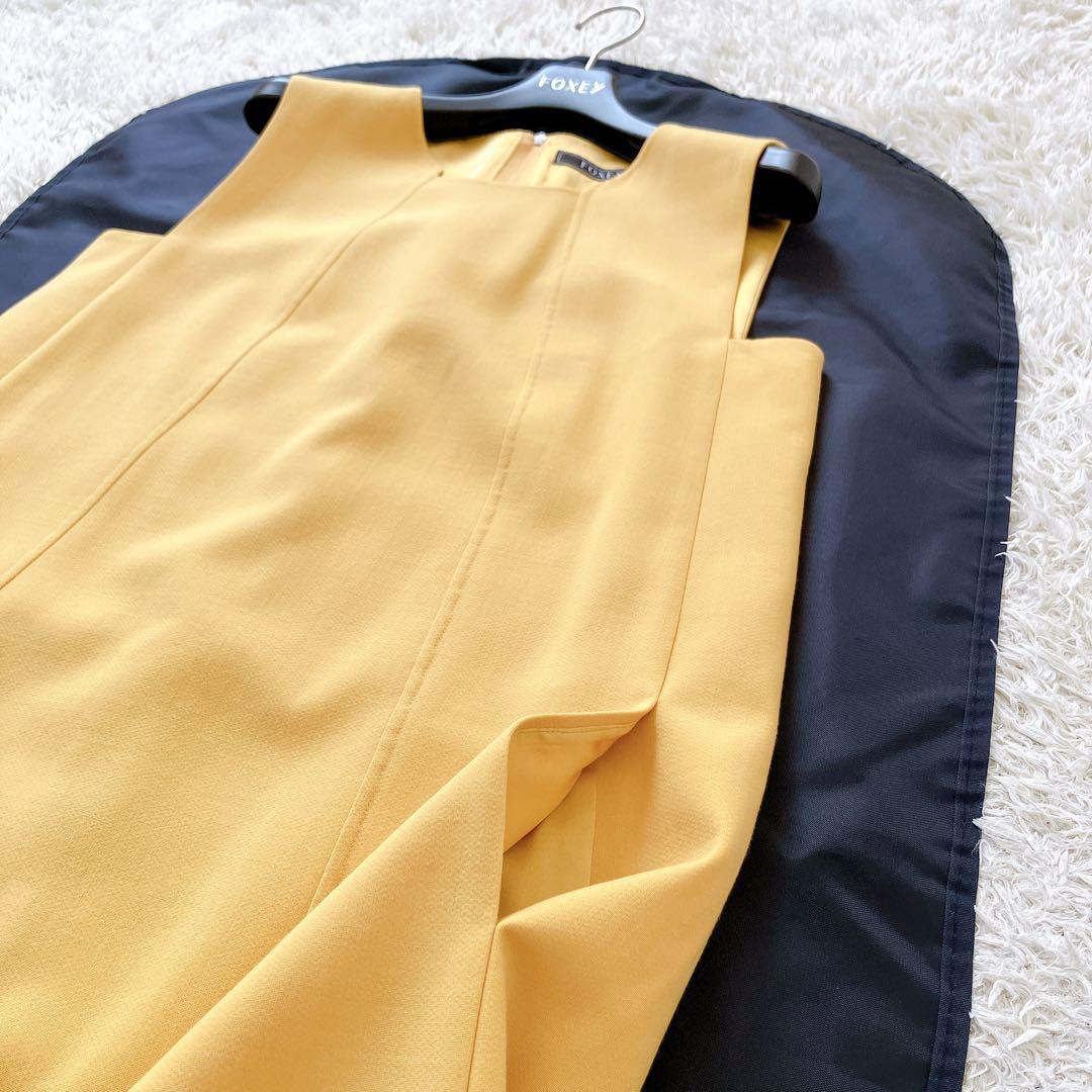 良品✨FOXEY　ノースリーブワンピース　ウール シルク 40 イエロー系