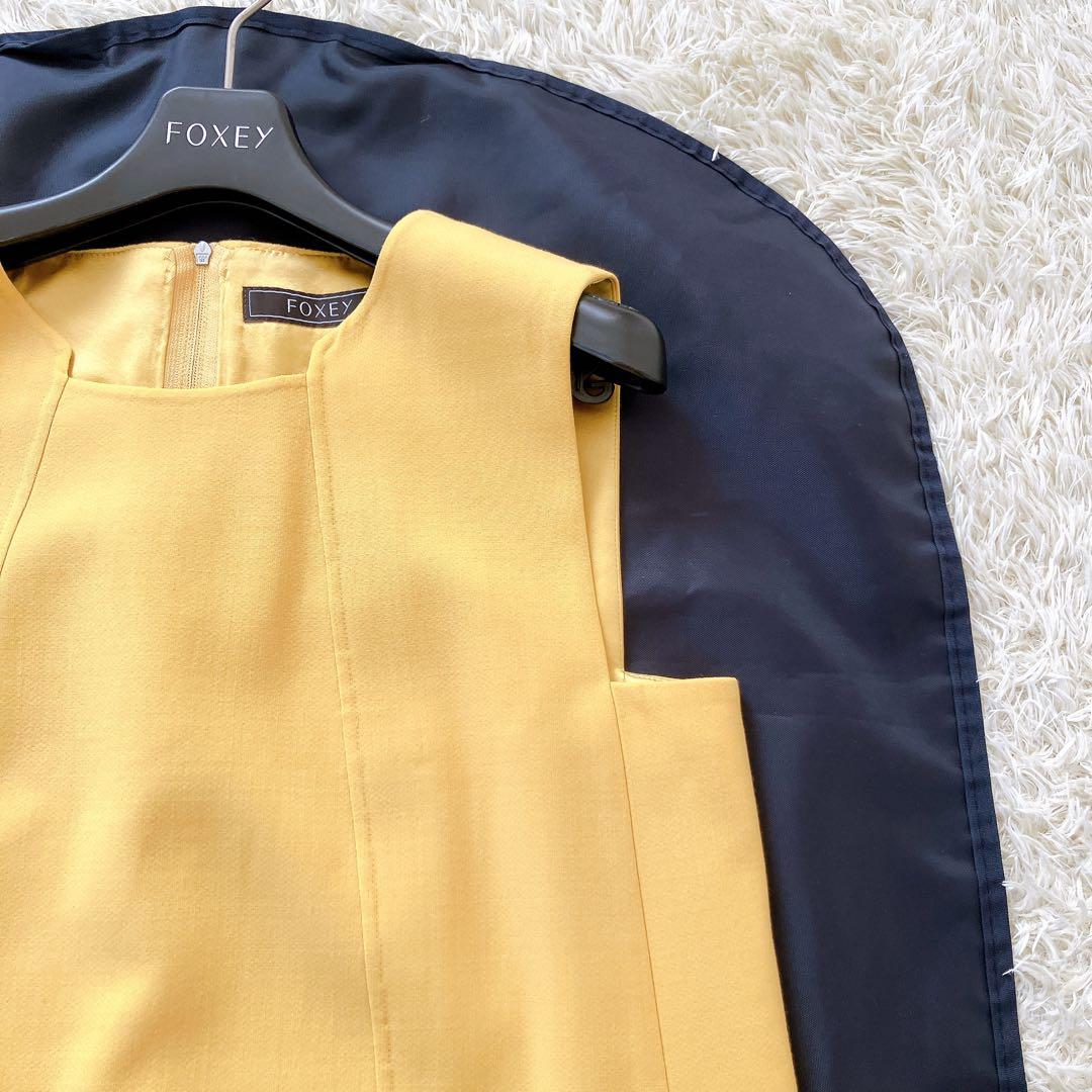 良品✨FOXEY　ノースリーブワンピース　ウール シルク 40 イエロー系