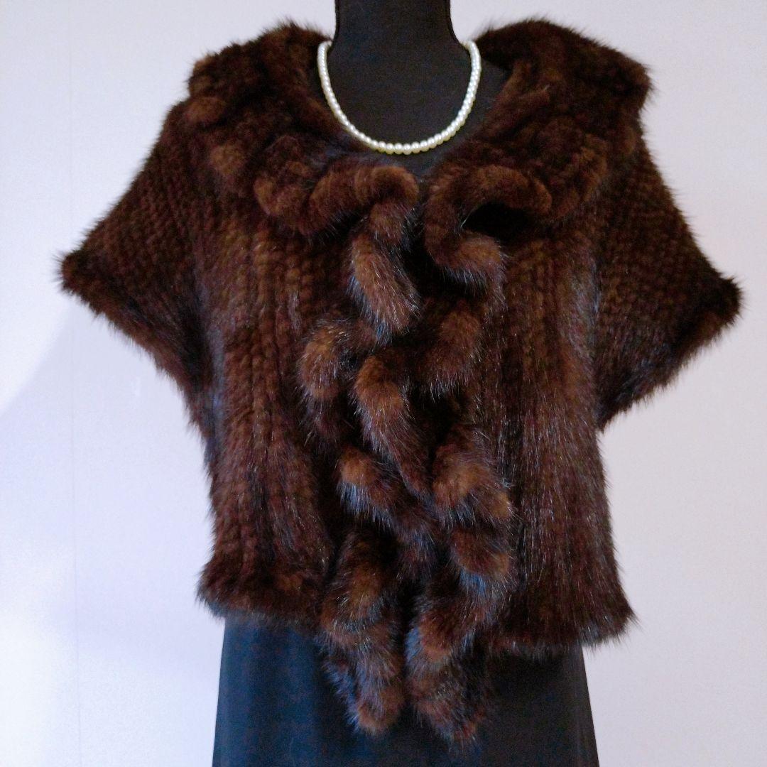 ロシアンセーブルカラー　ミンク　ヤーン加工　フリル　ケープ　ショール