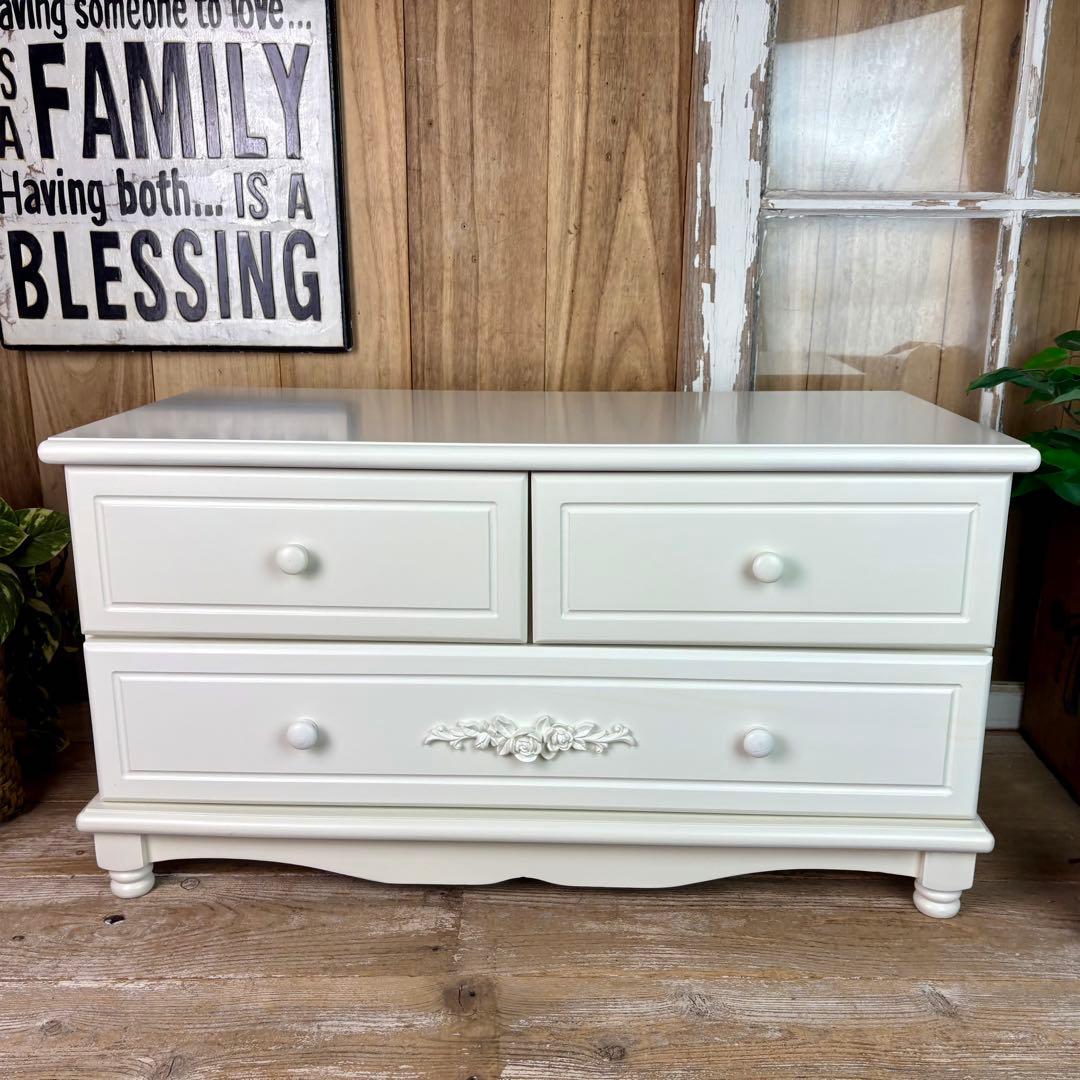 訳あり品【136】フレンチ調ホワイトチェスト横長木製収納家具姫系洋タンス飾り棚姫