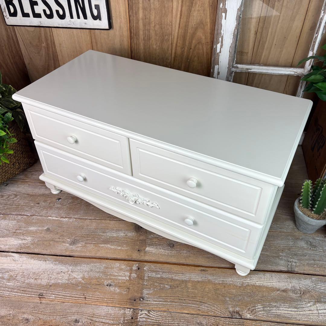 訳あり品【136】フレンチ調ホワイトチェスト横長木製収納家具姫系洋タンス飾り棚姫