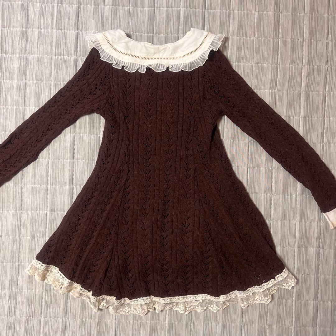 ブラウン ケーブル編み ミニワンピース