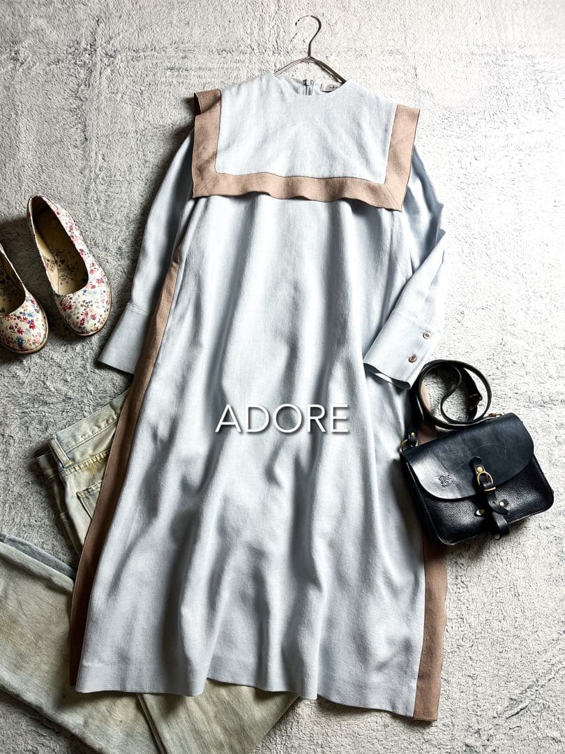 美品【ADORE】バイカラー ラインジョーゼットセーラーヨークワンピース 水色