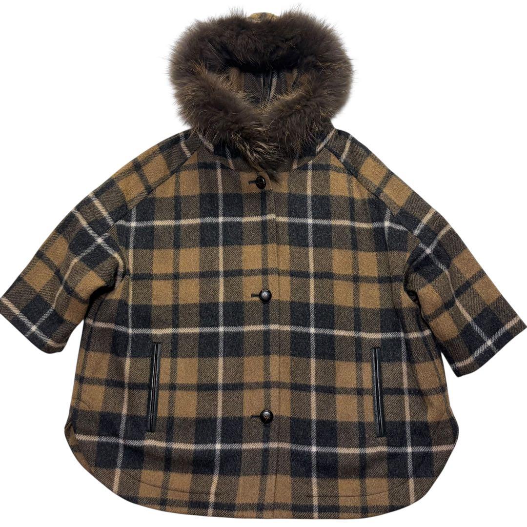 ダイアグラム　ラクーンファー コート モヘヤ　2way チェック　ファー　クルミ