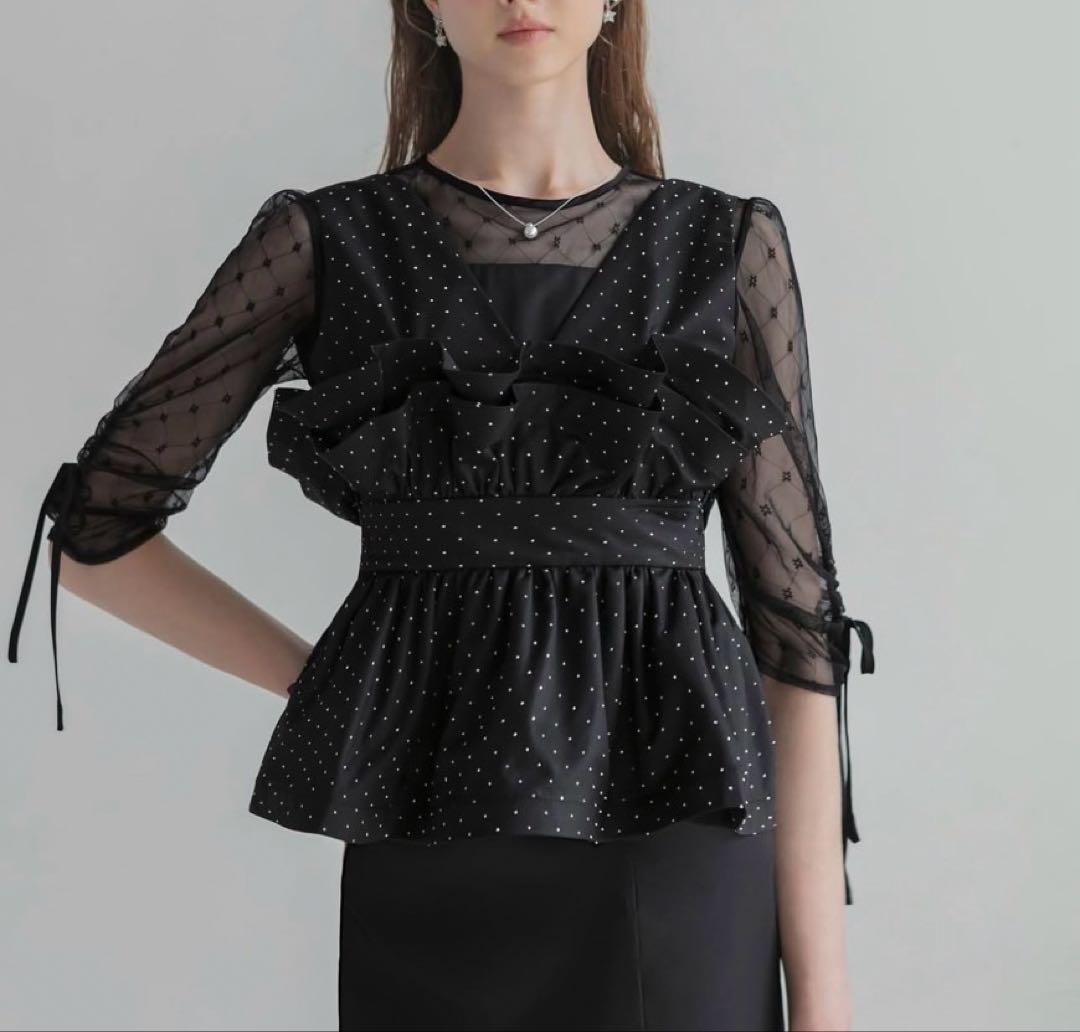 ドットストーンペプラムチュニックワンピース ブラック