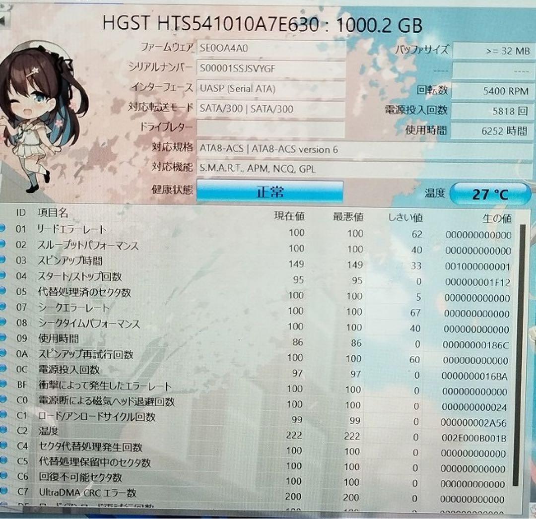 1TB HDD 4枚セット 2.5インチ Crystal 正常判定 1000GB