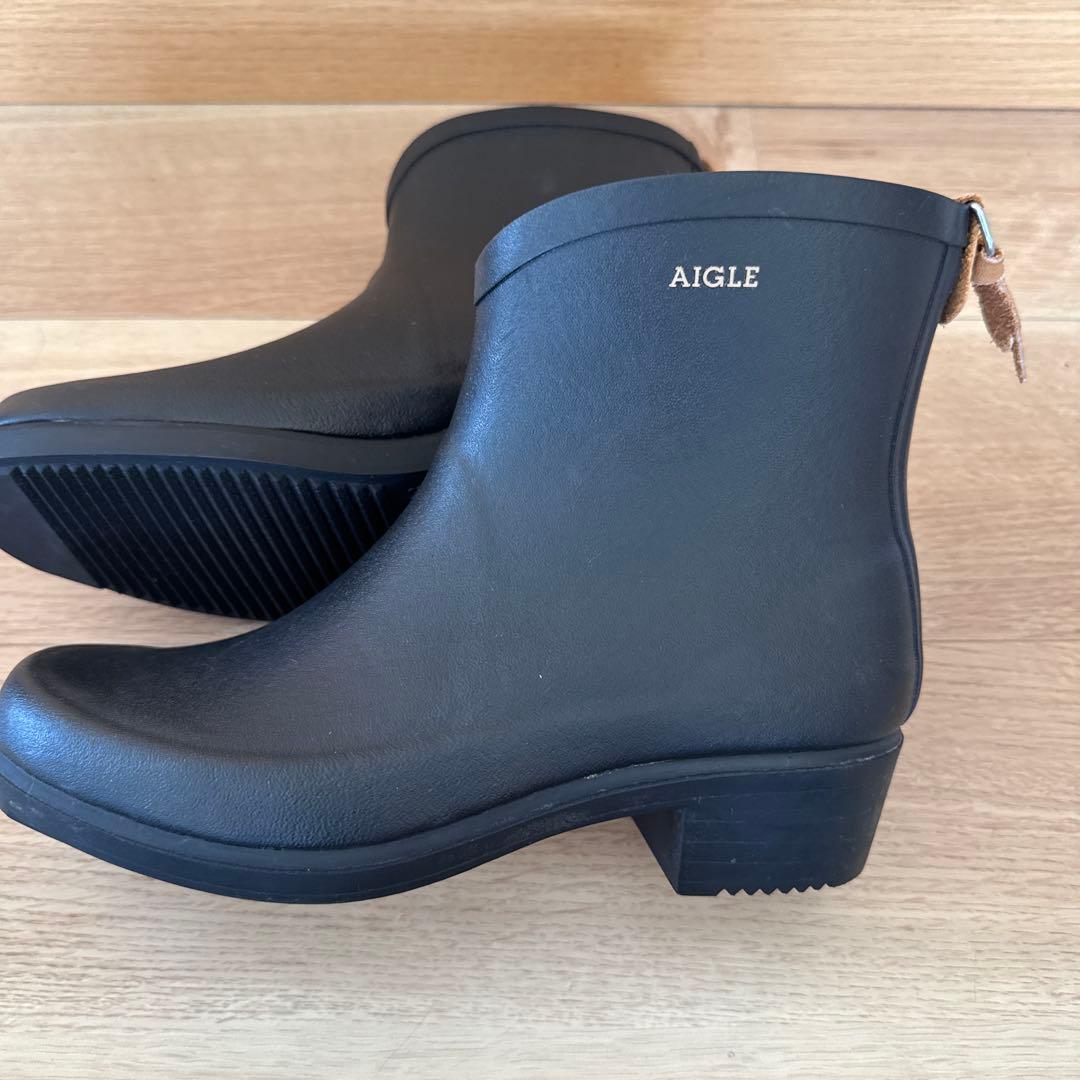 AIGLE 黒 レインブーツ サイドタブ付き