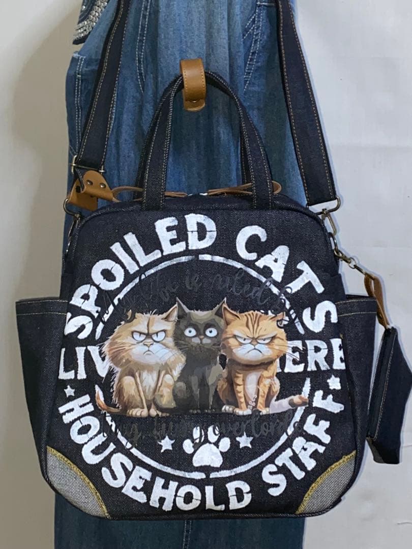 セール☆岡山デニム☆ステンシル☆トラネコ☆悪ネコ☆4wayボストンバッグ