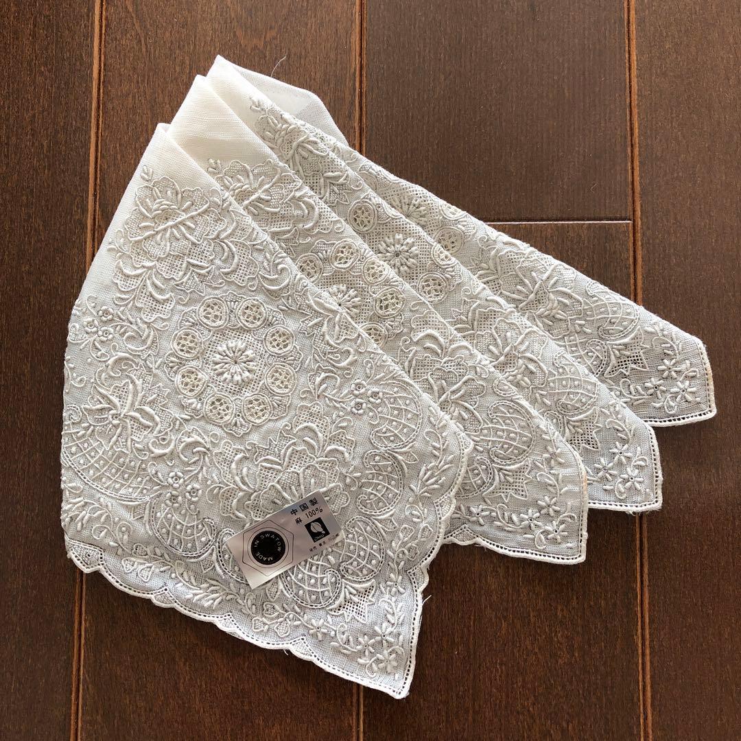 未使用　スワトウ　ハンカチ　麻100% 汕頭　手刺繍　SWATOW リネン　川辺
