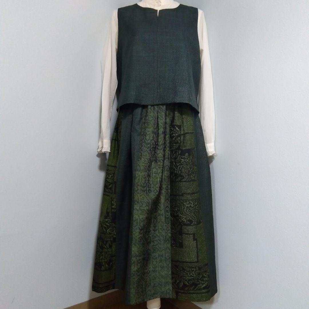 楊貴妃　2026J013 着物リメイク　大島紬　パッチワークのセットアップ