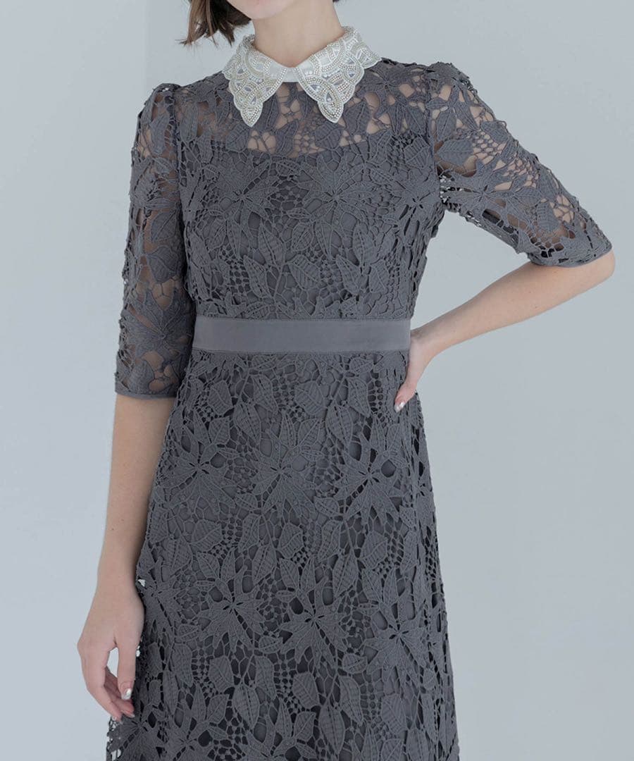 【LEJA】花柄レースビジューカラーAラインドレスワンピース美脚効果結婚式