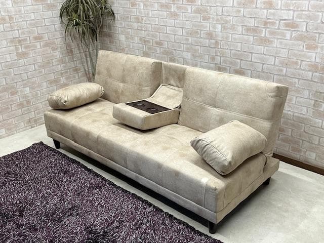 ソファーベッド　ベージュ系　小テーブル付き　レザーファブリック　ソファ　新品